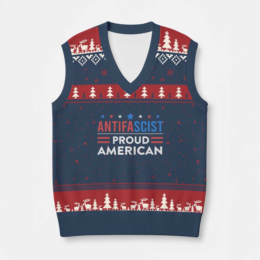Antifascist Proud American V-Neck Knit Sweater Vest Fight Fascism Protest Human Rights - Wonder Print Shop