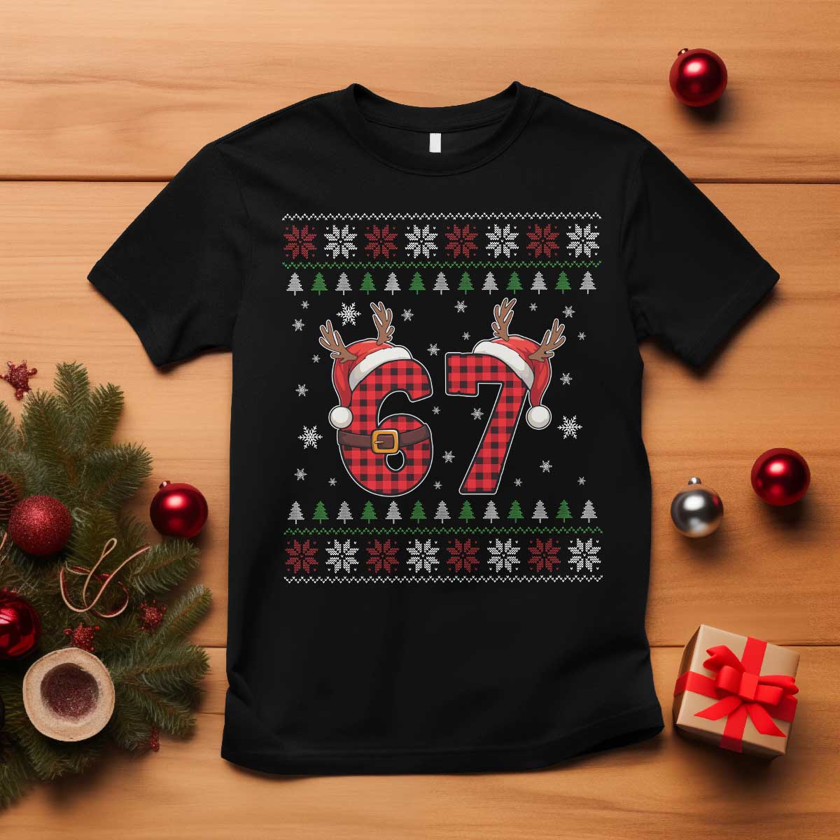 Funny 67 Six Seven Meme Brainrot Cringe Christmas Plaid Graphic T Shirt - Wonder Print Shop