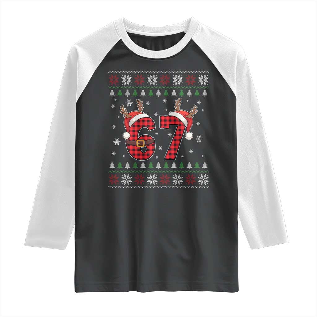 Funny 67 Six Seven Meme Brainrot Cringe Christmas Plaid Graphic Raglan Shirt - Wonder Print Shop