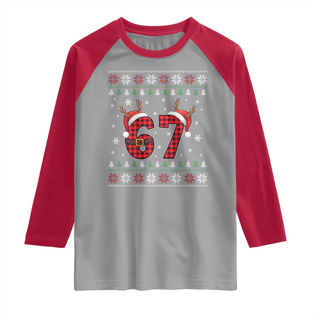 Funny 67 Six Seven Meme Brainrot Cringe Christmas Plaid Graphic Raglan Shirt - Wonder Print Shop