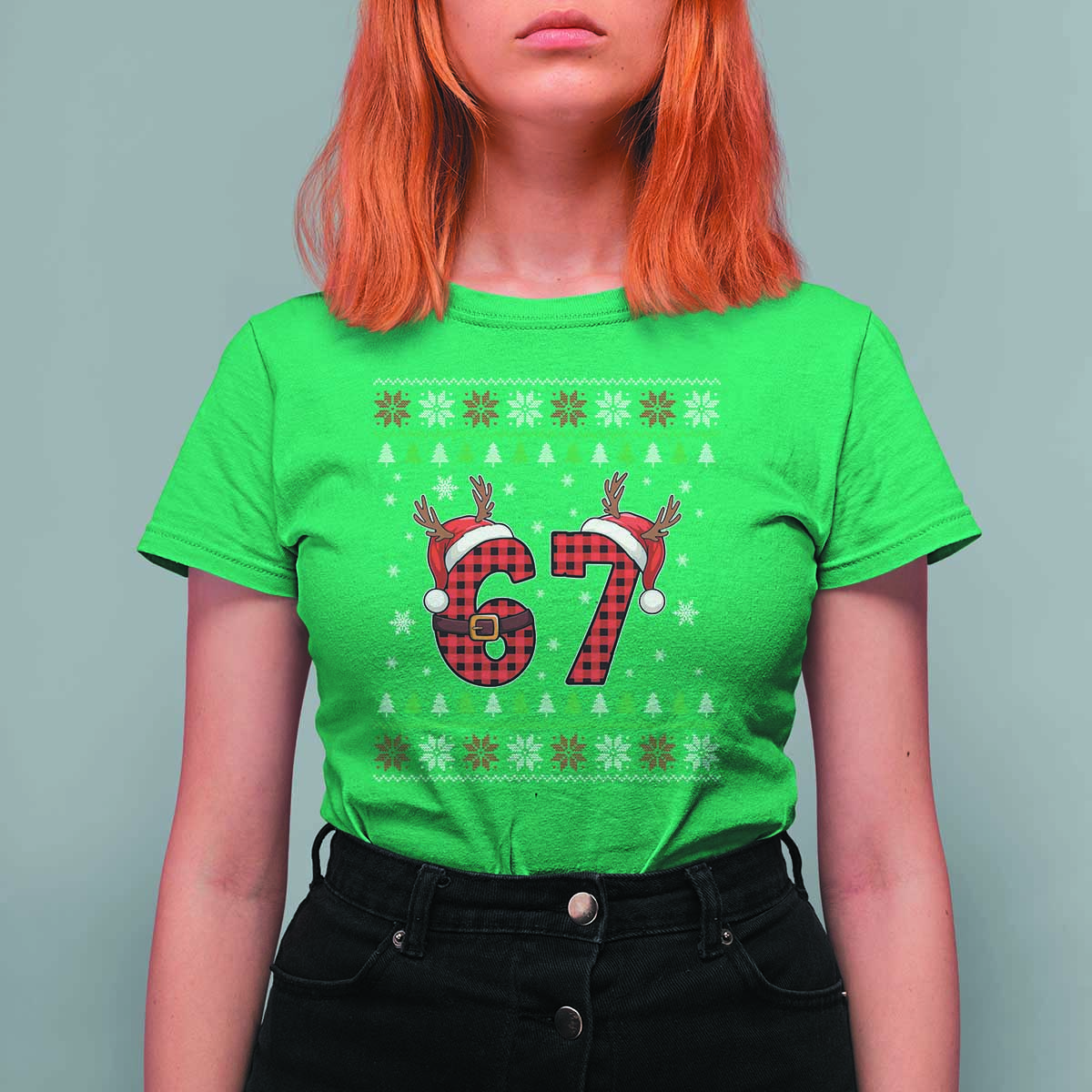 Funny 67 Six Seven Meme Brainrot Cringe Christmas Plaid Graphic T Shirt For Women - Wonder Print Shop