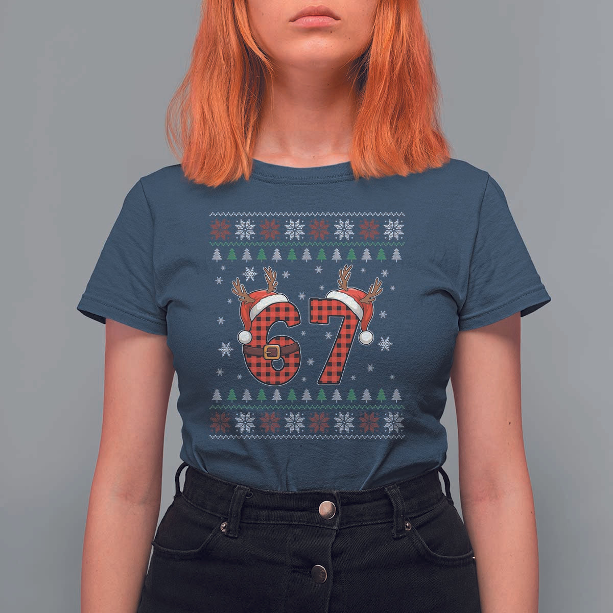 Funny 67 Six Seven Meme Brainrot Cringe Christmas Plaid Graphic T Shirt For Women - Wonder Print Shop