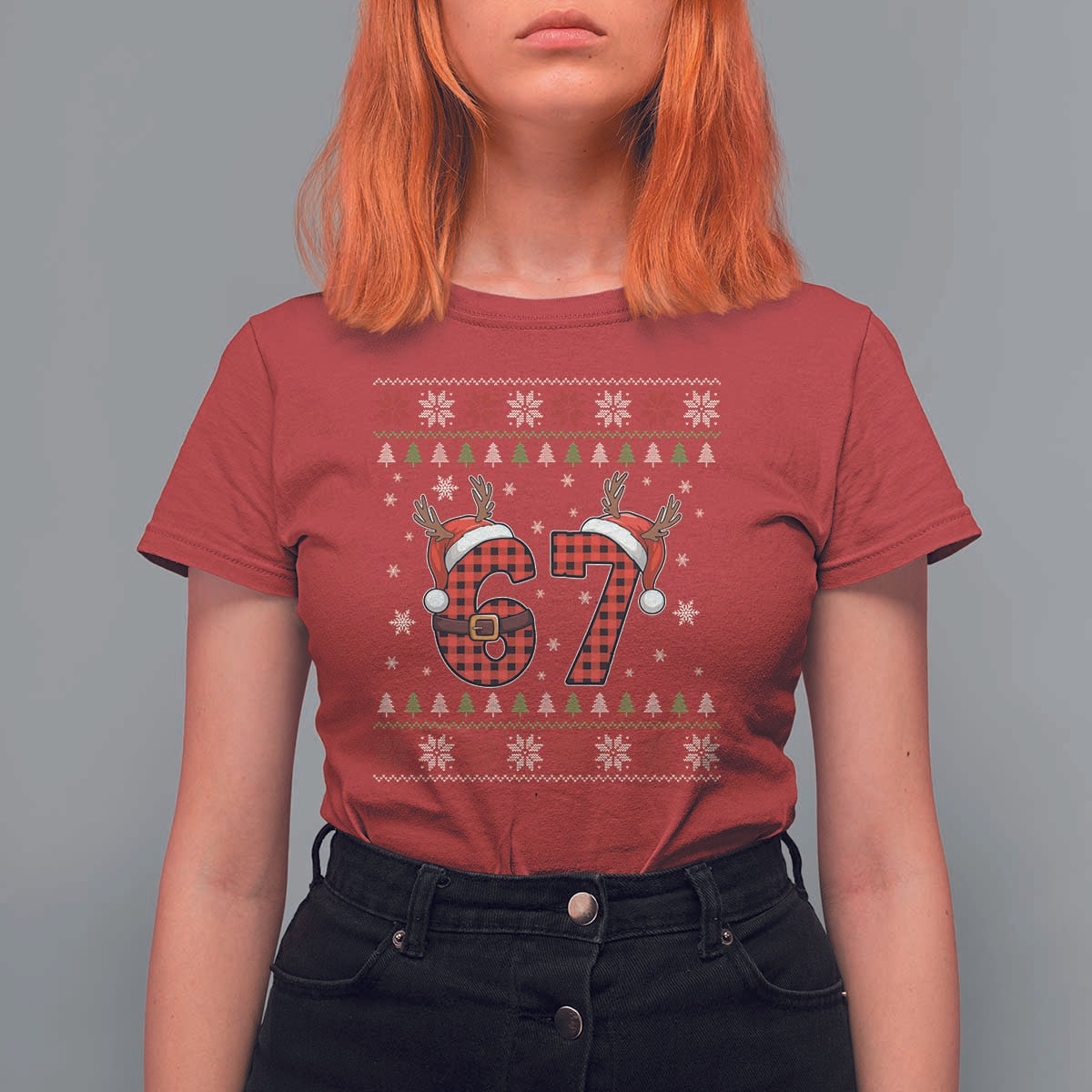 Funny 67 Six Seven Meme Brainrot Cringe Christmas Plaid Graphic T Shirt For Women - Wonder Print Shop