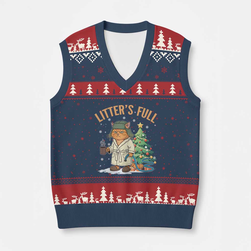 Funny Xmas Vacation Movie Litter's Full Cat V-Neck Knit Sweater Vest Xmas Tree - Wonder Print Shop