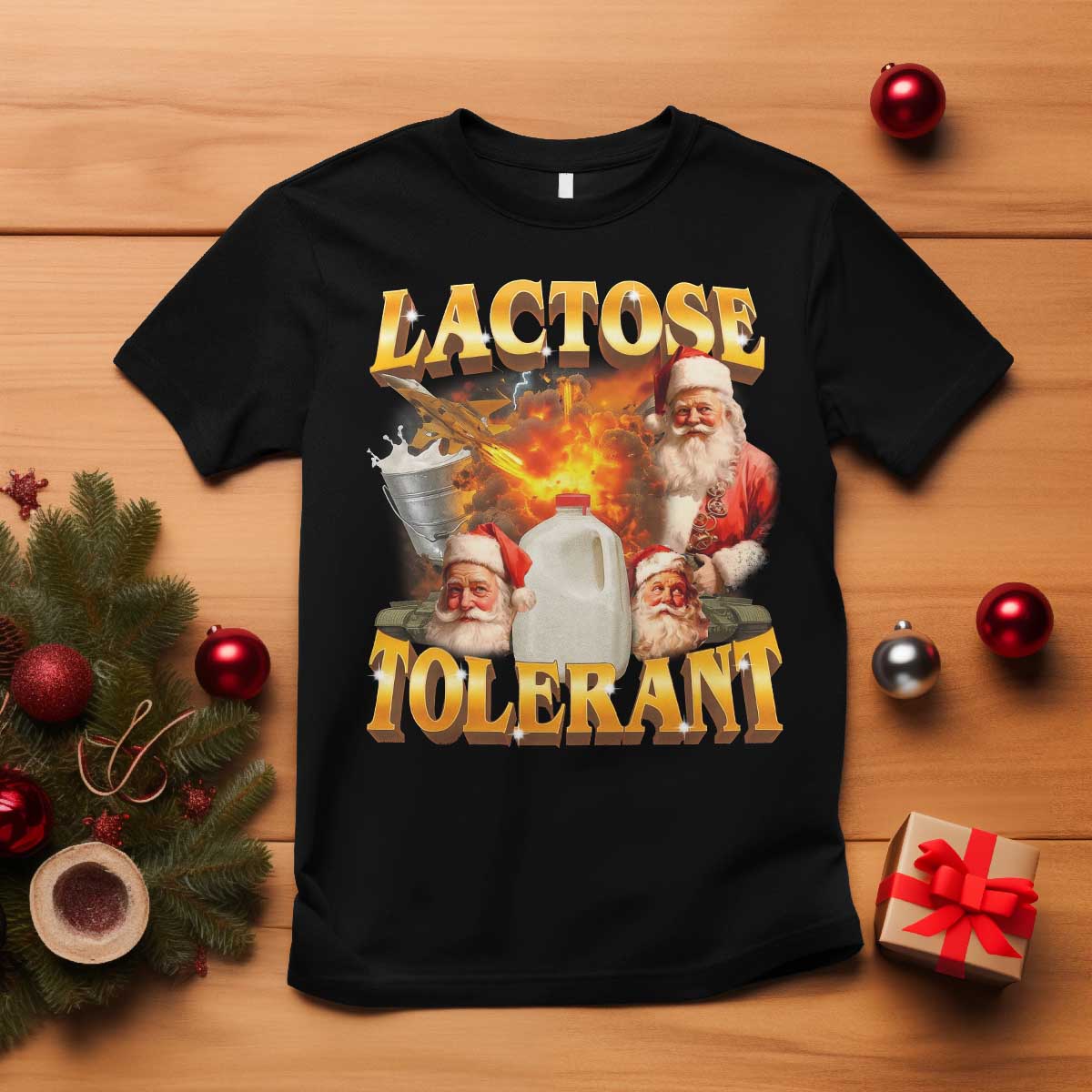 Funny Christmas Santa Lactose Tolerant T Shirt Xmas Tummy Ironic Sarcastic Meme - Wonder Print Shop