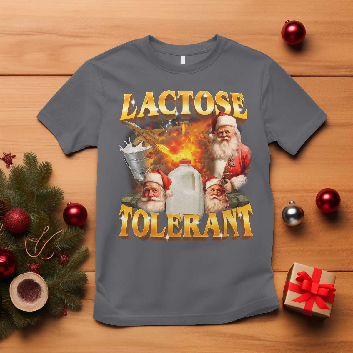 Funny Christmas Santa Lactose Tolerant T Shirt Xmas Tummy Ironic Sarcastic Meme - Wonder Print Shop