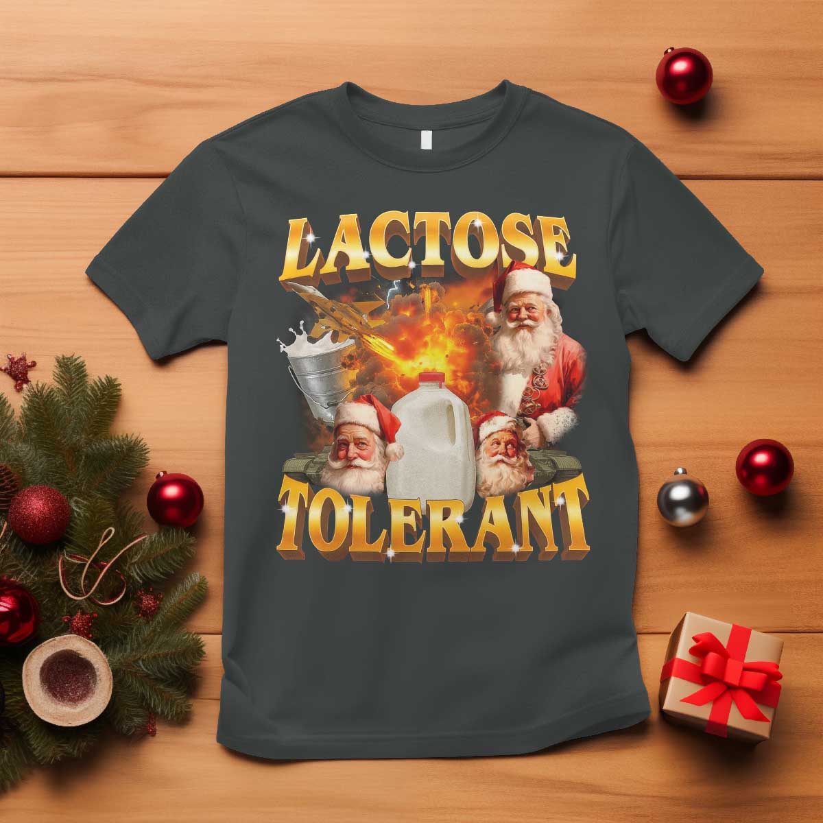 Funny Christmas Santa Lactose Tolerant T Shirt Xmas Tummy Ironic Sarcastic Meme - Wonder Print Shop