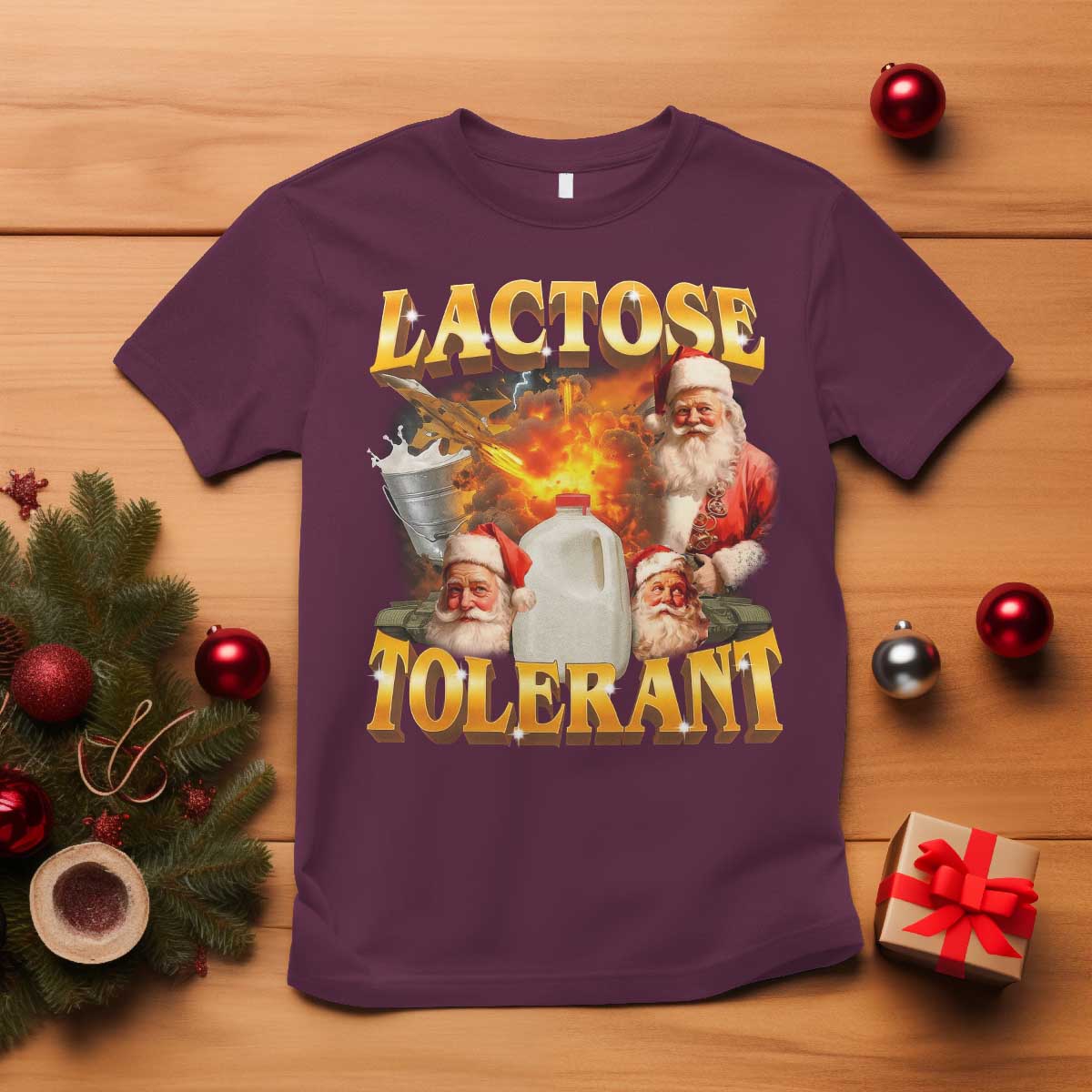 Funny Christmas Santa Lactose Tolerant T Shirt Xmas Tummy Ironic Sarcastic Meme - Wonder Print Shop