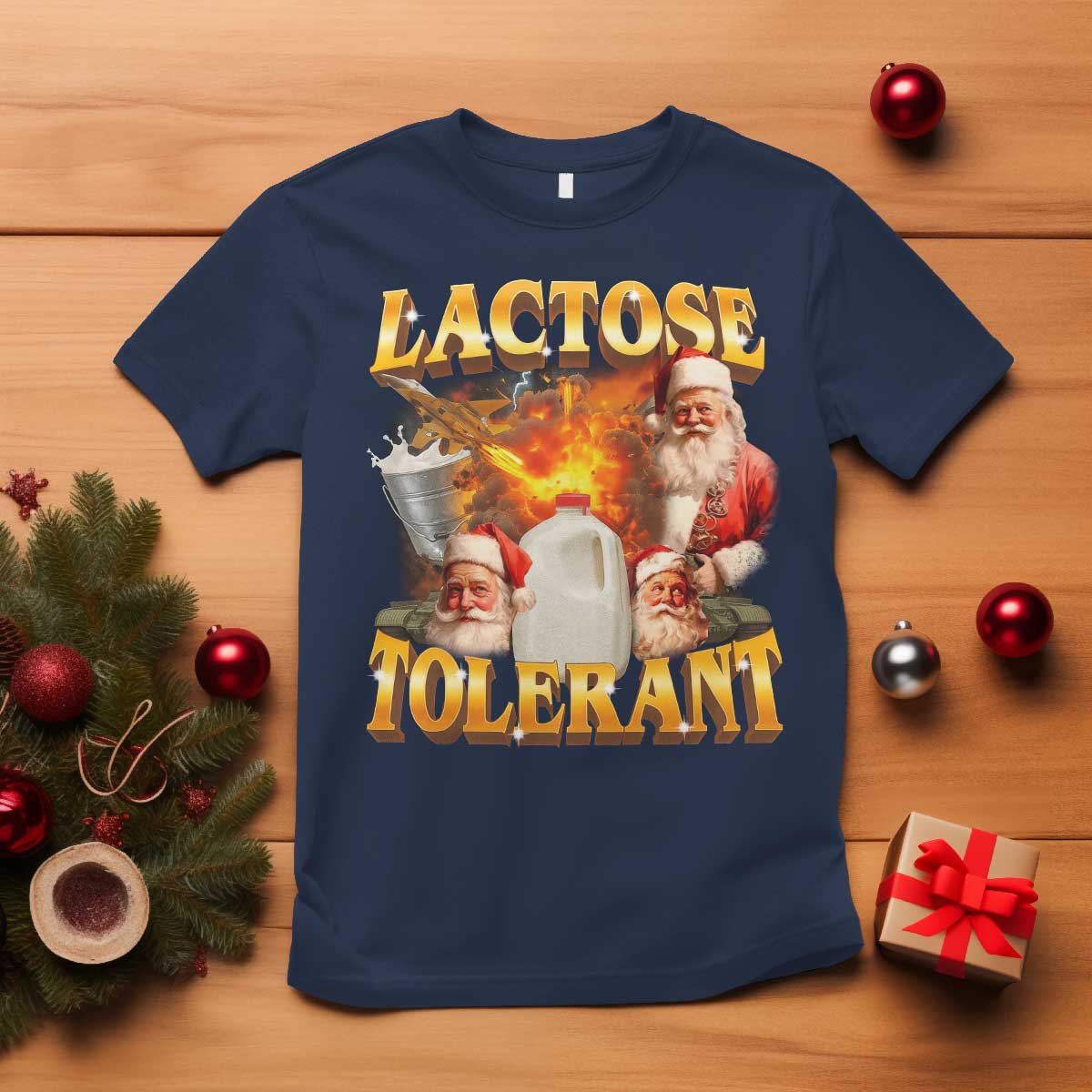 Funny Christmas Santa Lactose Tolerant T Shirt Xmas Tummy Ironic Sarcastic Meme - Wonder Print Shop