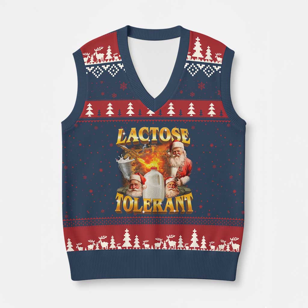 Funny Xmas Santa Lactose Tolerant V-Neck Knit Sweater Vest Xmas Tummy Ironic Sarcastic Meme - Wonder Print Shop