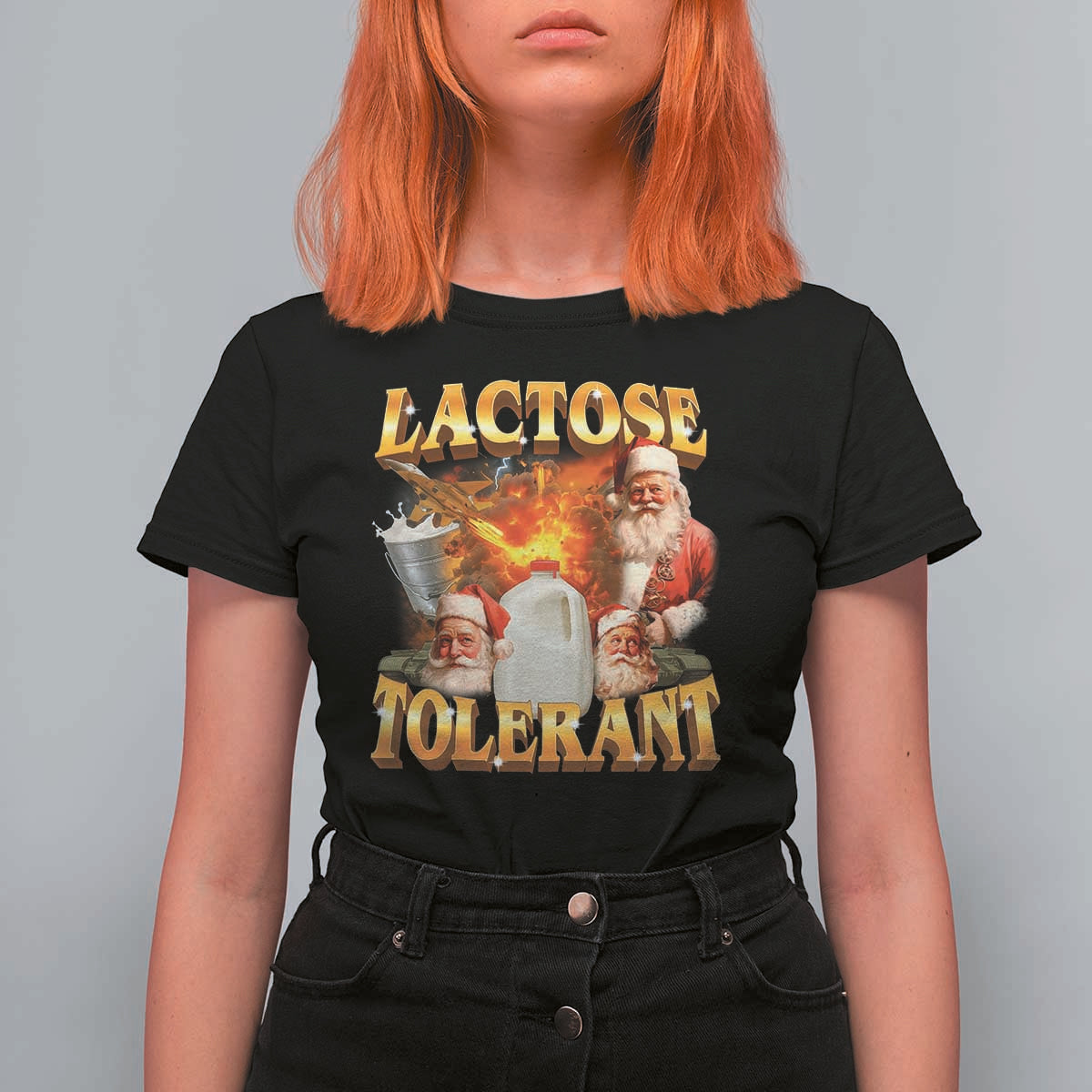 Funny Christmas Santa Lactose Tolerant T Shirt For Women Xmas Tummy Ironic Sarcastic Meme - Wonder Print Shop