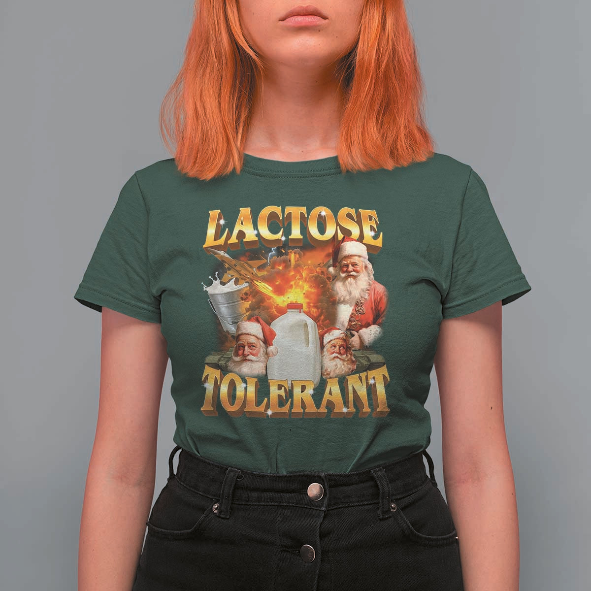 Funny Christmas Santa Lactose Tolerant T Shirt For Women Xmas Tummy Ironic Sarcastic Meme - Wonder Print Shop
