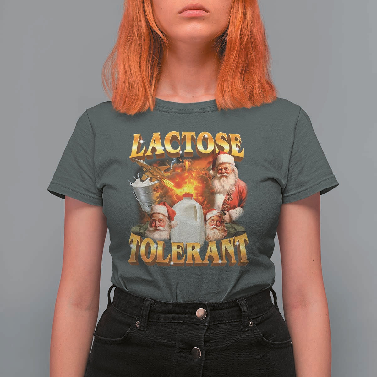 Funny Christmas Santa Lactose Tolerant T Shirt For Women Xmas Tummy Ironic Sarcastic Meme - Wonder Print Shop