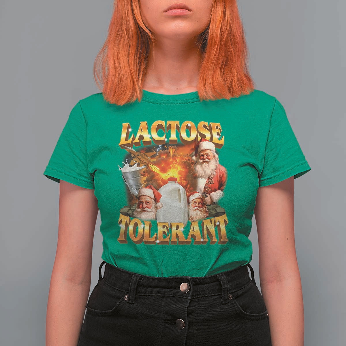 Funny Christmas Santa Lactose Tolerant T Shirt For Women Xmas Tummy Ironic Sarcastic Meme - Wonder Print Shop