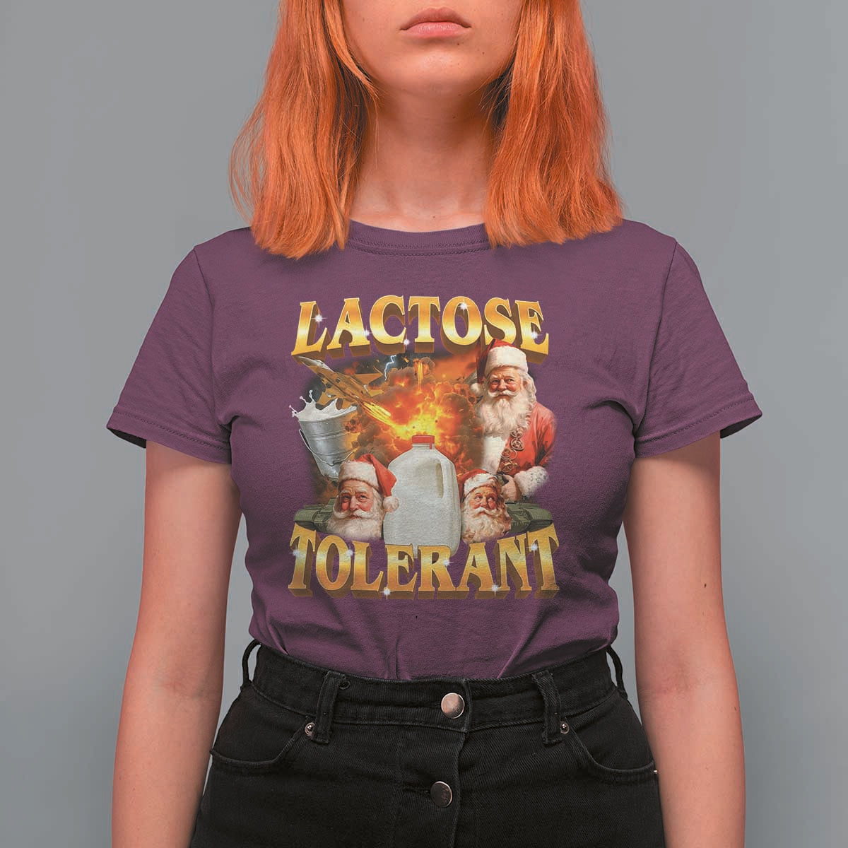 Funny Christmas Santa Lactose Tolerant T Shirt For Women Xmas Tummy Ironic Sarcastic Meme - Wonder Print Shop
