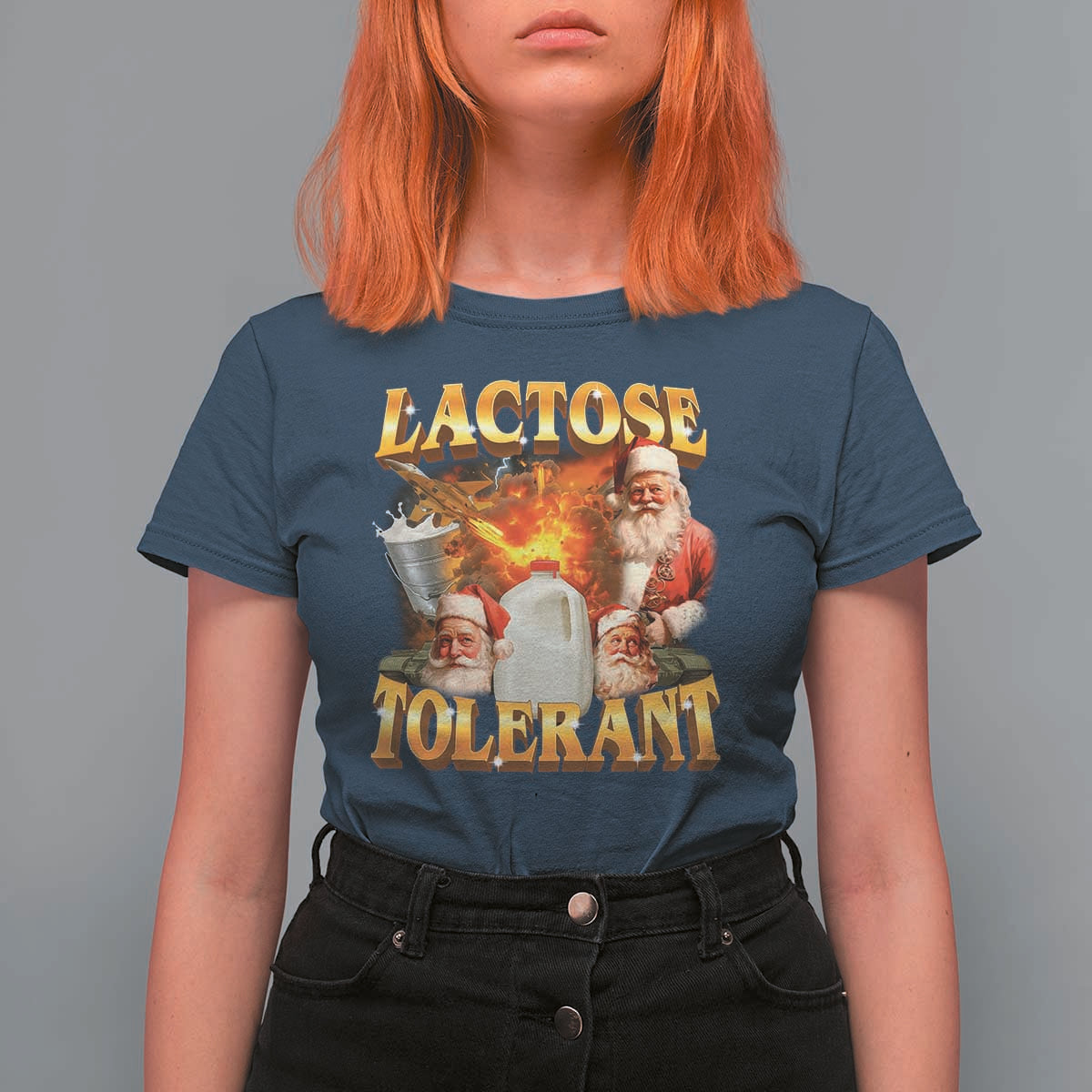 Funny Christmas Santa Lactose Tolerant T Shirt For Women Xmas Tummy Ironic Sarcastic Meme - Wonder Print Shop