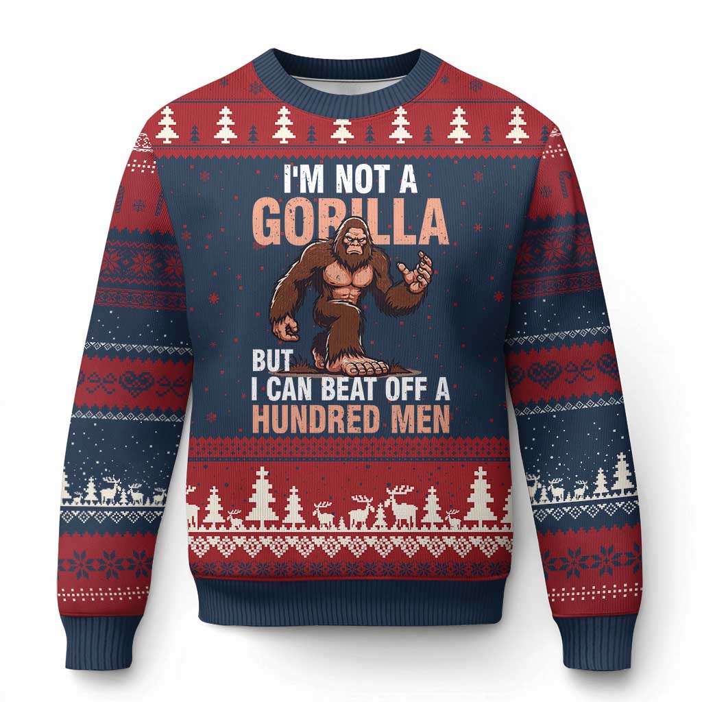 I'm Not A Gorilla But I Can't Beat Off A Hundred Men Ugly Christmas Sweater Funny Bigfoot Meme - Wonder Print Shop