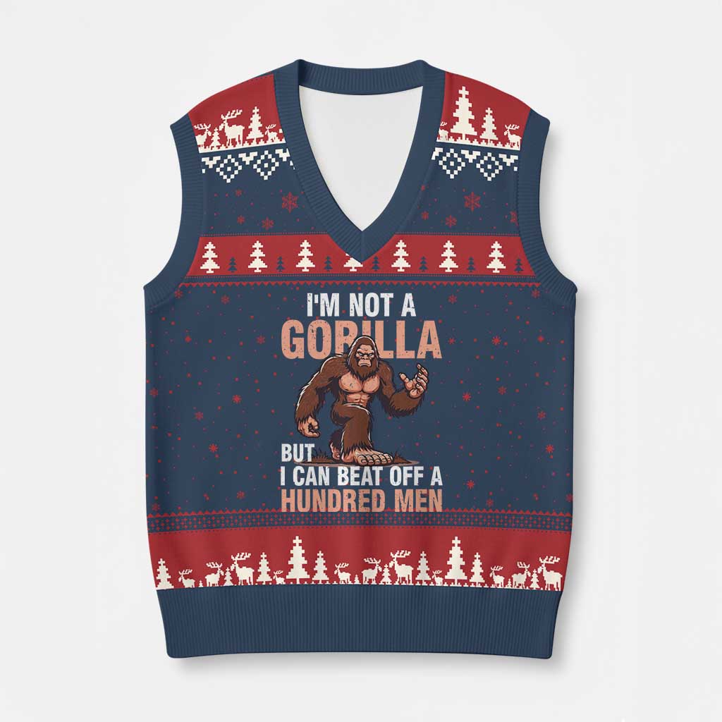 I'm Not A Gorilla But I Can't Beat Off A Hundred Men V-Neck Knit Sweater Vest Funny Bigfoot Meme - Wonder Print Shop