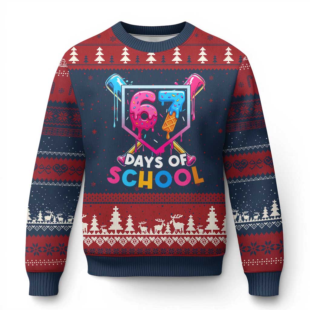 Funny 67 Days Of School Baseball Drip Ugly Christmas Sweater Six Seven Meme Gen Alpha - Wonder Print Shop