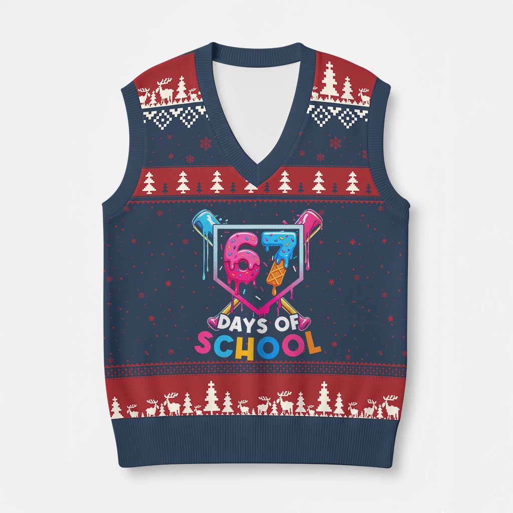 Funny 67 Days Of School Baseball Drip V-Neck Knit Sweater Vest Six Seven Meme Gen Alpha - Wonder Print Shop