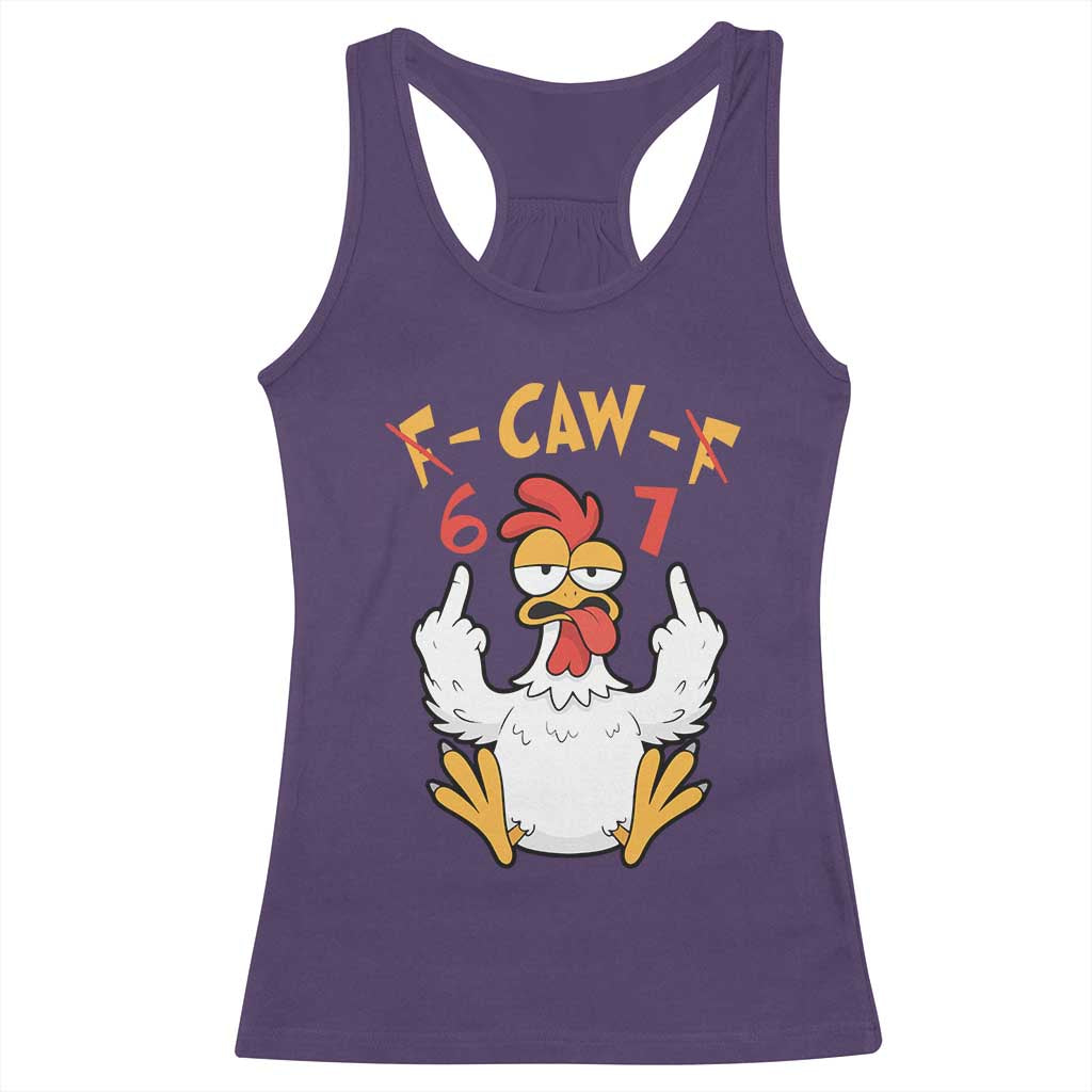 Funny F Caw F 67 Meme Racerback Tank Top Cartoon Chicken Six Seven Poultry Humor - Wonder Print Shop