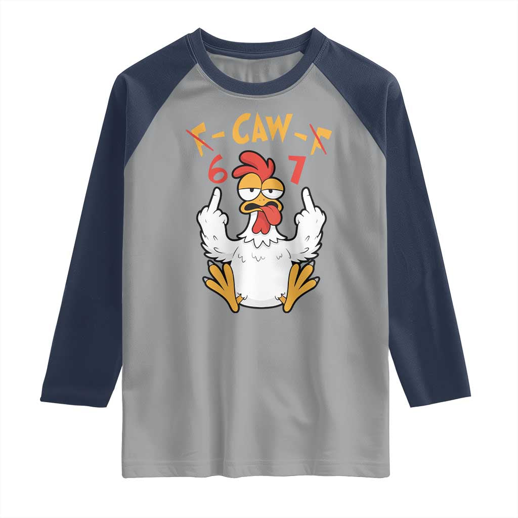 Funny F Caw F 67 Meme Raglan Shirt Cartoon Chicken Six Seven Poultry Humor - Wonder Print Shop