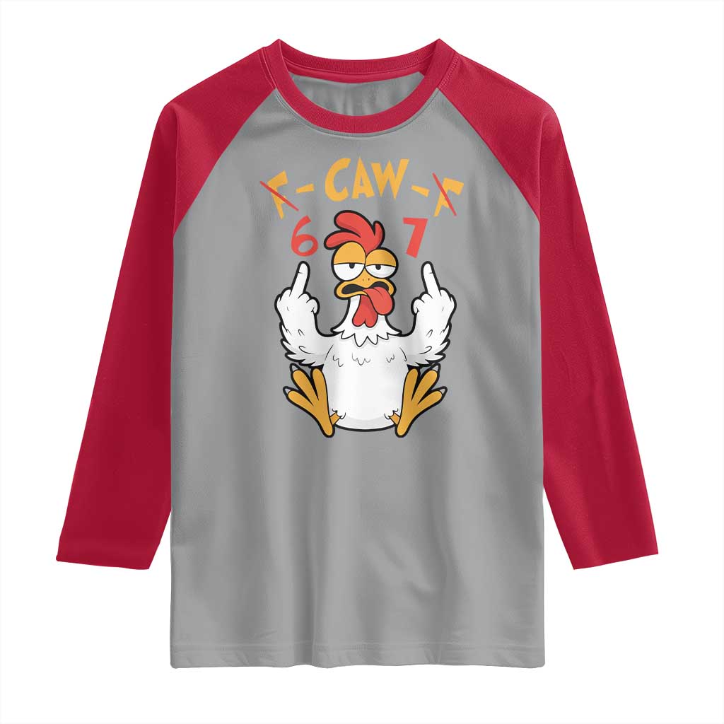 Funny F Caw F 67 Meme Raglan Shirt Cartoon Chicken Six Seven Poultry Humor - Wonder Print Shop