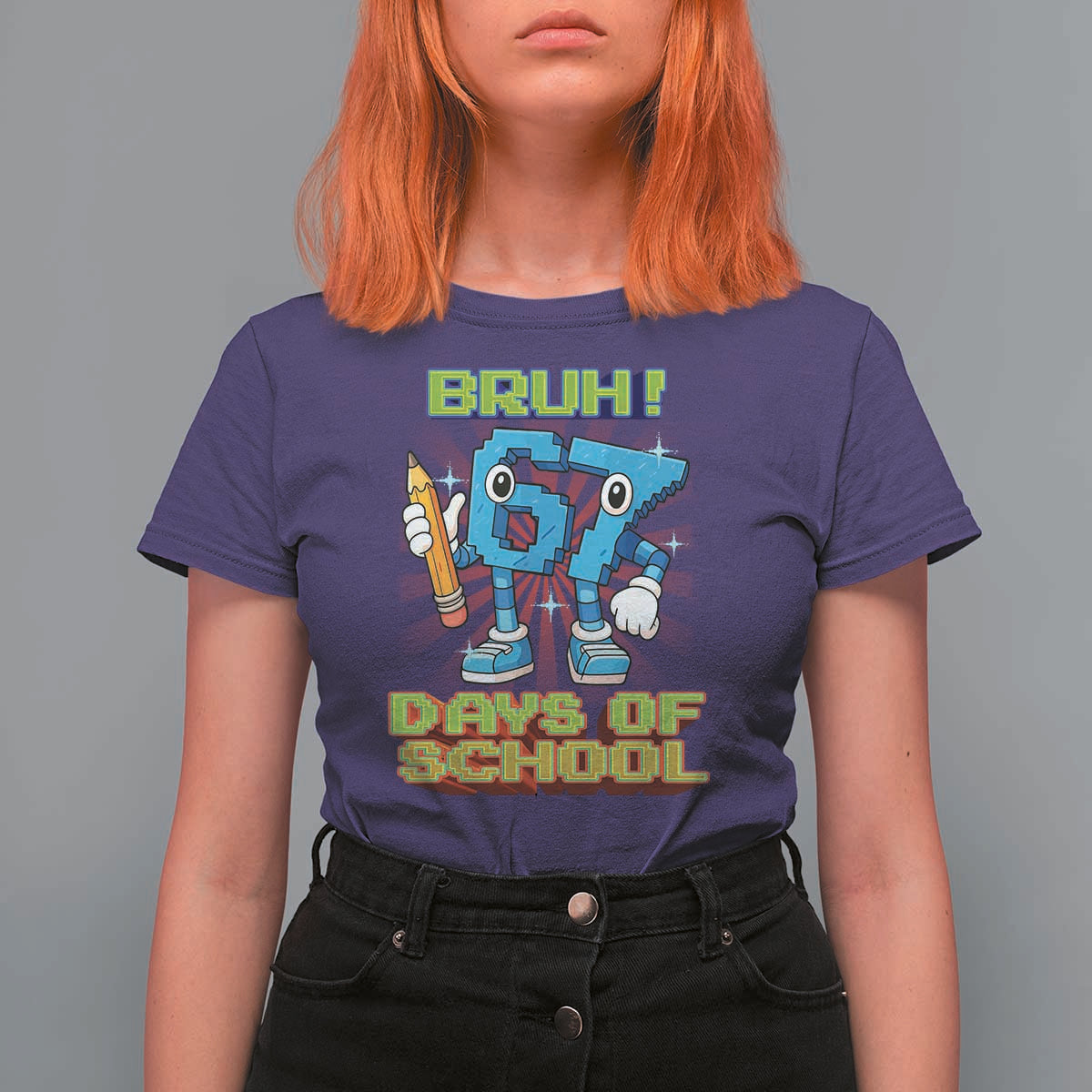 Funny Bruh 67 Days Of School T Shirt For Women Six Seven Meme Pixel Game Gen Alpha - Wonder Print Shop