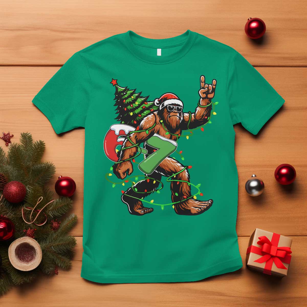 Funny Santa Bigfoot 67 Christmas Tree Xmas Lights T Shirt - Wonder Print Shop
