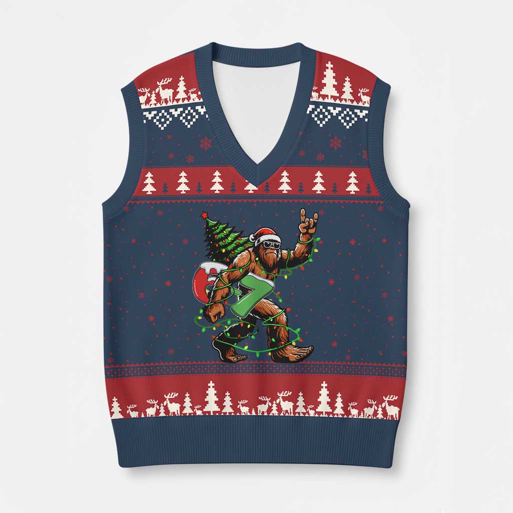Funny Santa Bigfoot 67 Xmas Tree Xmas Lights V-Neck Knit Sweater Vest - Wonder Print Shop