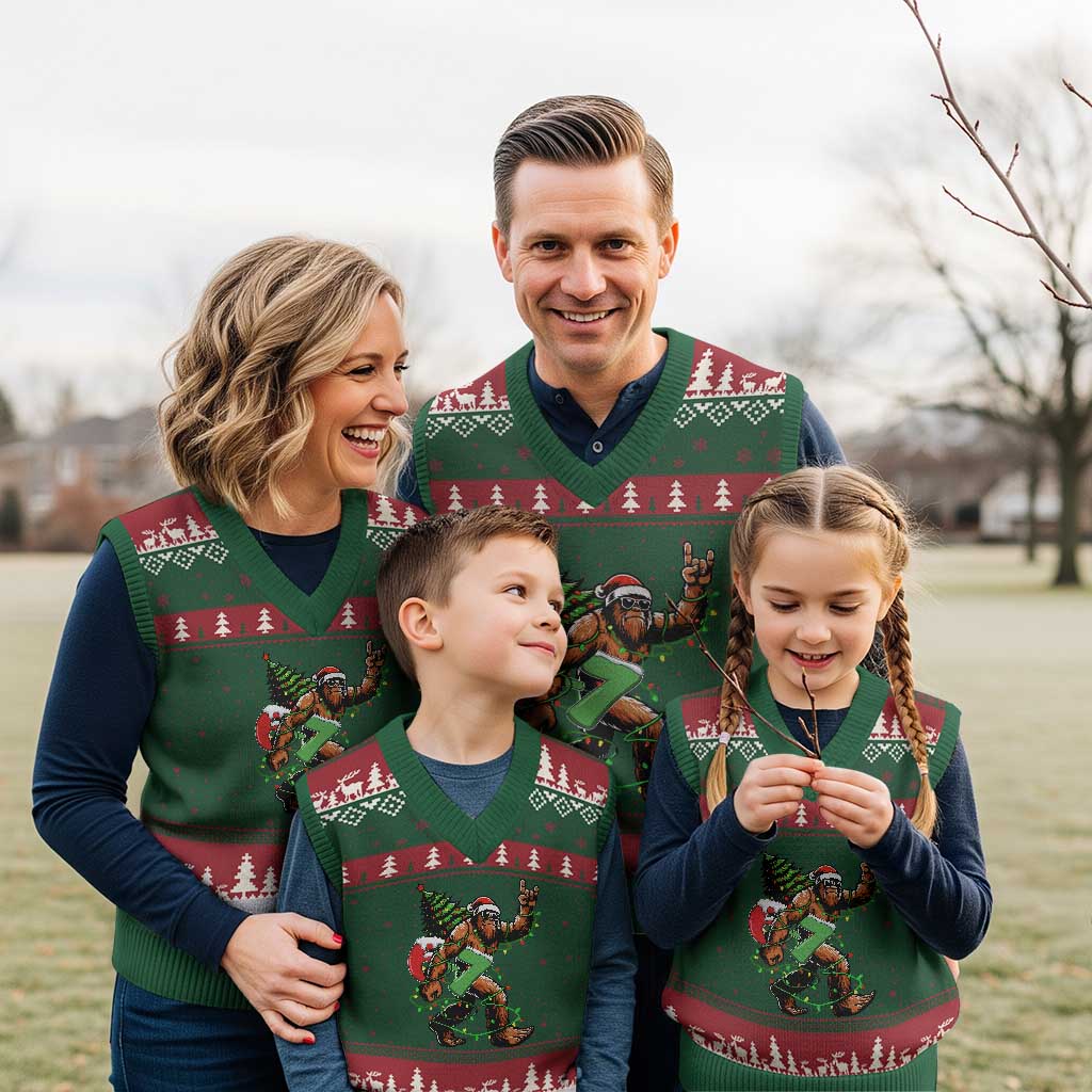 Funny Santa Bigfoot 67 Xmas Tree Xmas Lights V-Neck Knit Sweater Vest - Wonder Print Shop