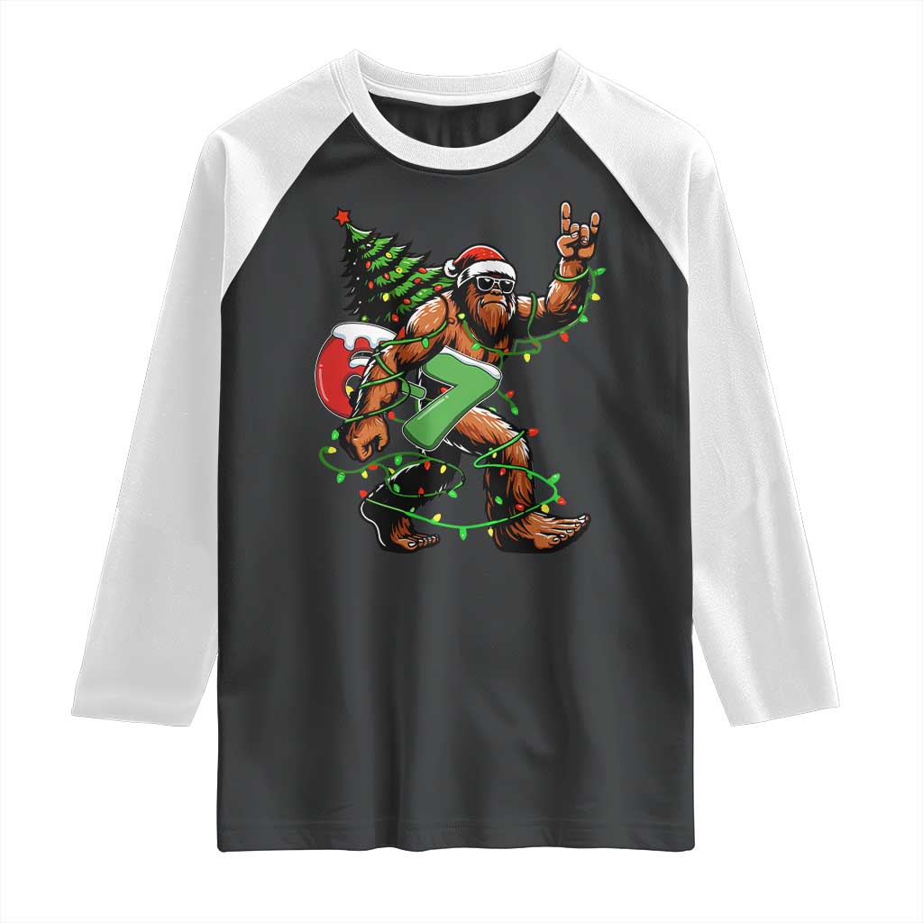 Funny Santa Bigfoot 67 Christmas Tree Xmas Lights Raglan Shirt - Wonder Print Shop