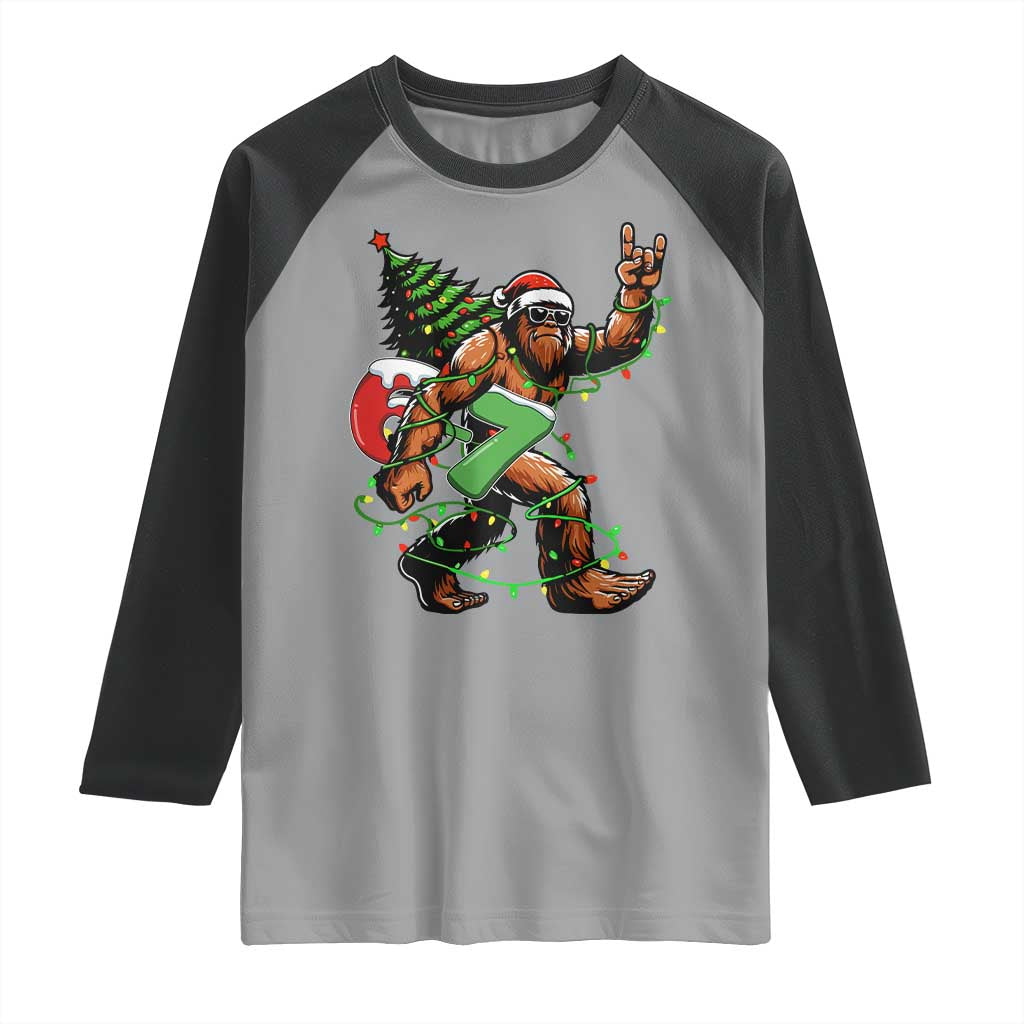 Funny Santa Bigfoot 67 Christmas Tree Xmas Lights Raglan Shirt - Wonder Print Shop