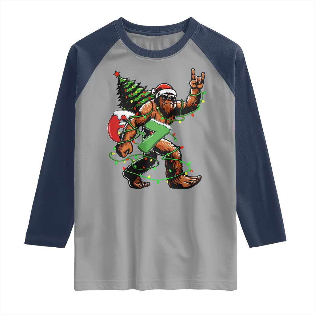 Funny Santa Bigfoot 67 Christmas Tree Xmas Lights Raglan Shirt - Wonder Print Shop