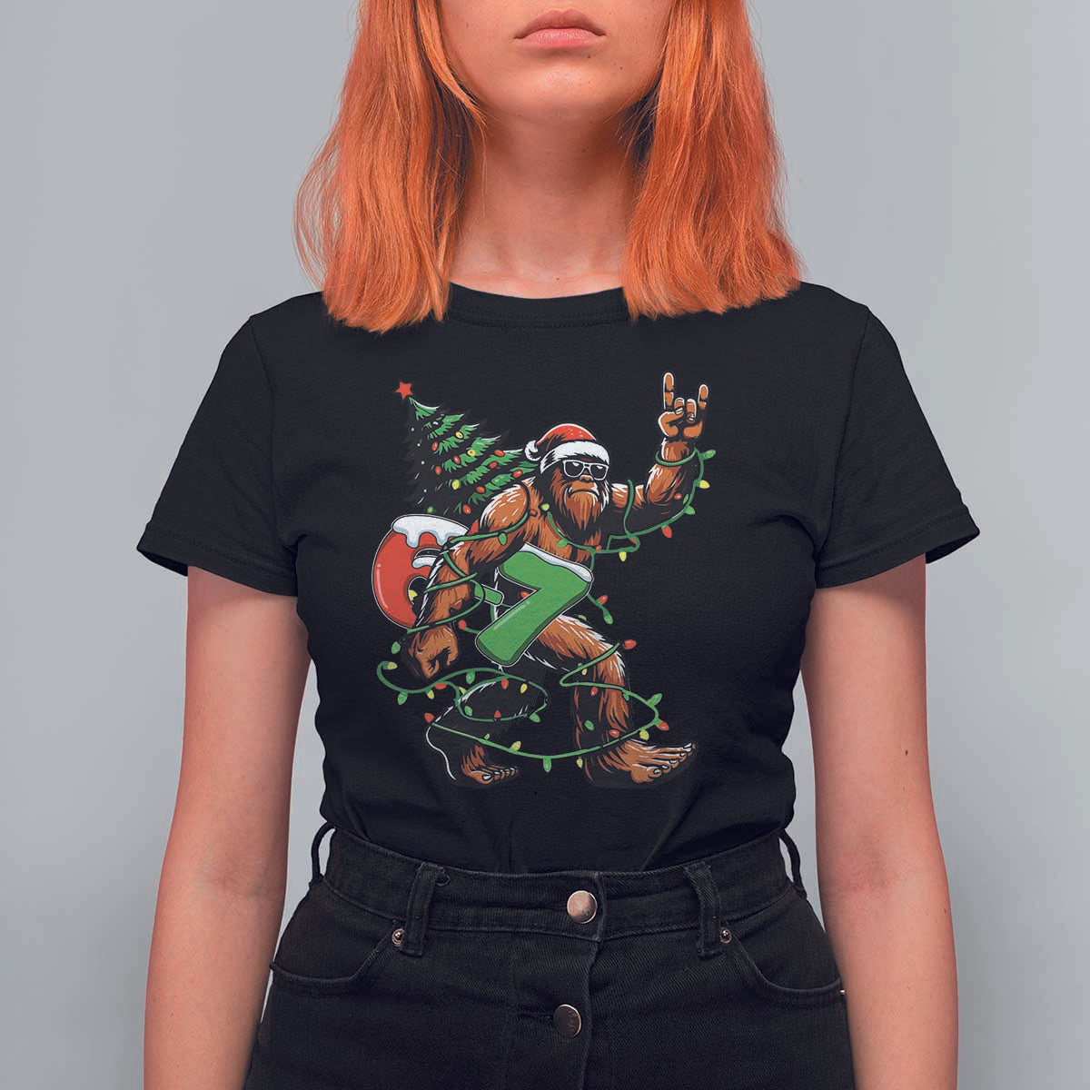 Funny Santa Bigfoot 67 Christmas Tree Xmas Lights T Shirt For Women - Wonder Print Shop