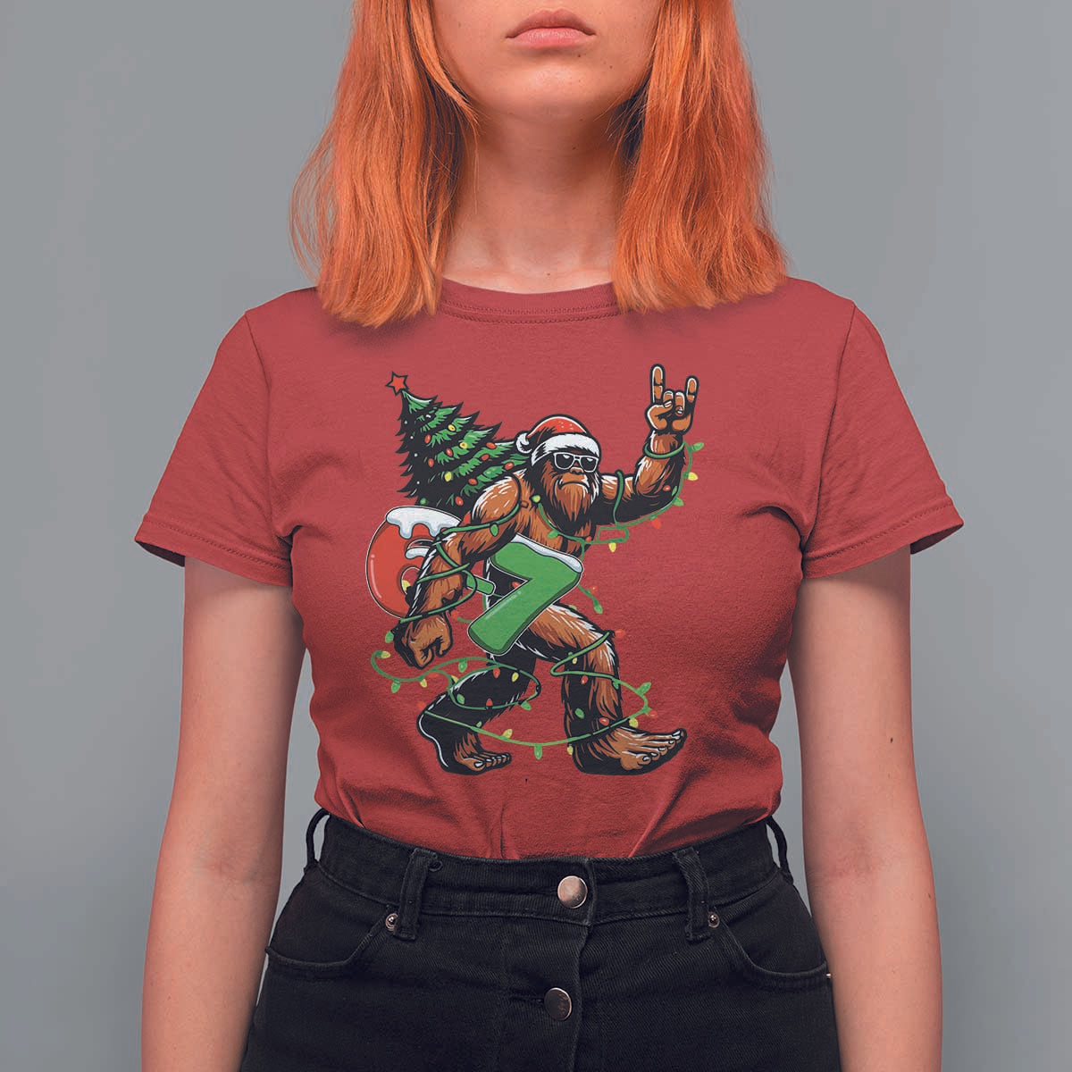 Funny Santa Bigfoot 67 Christmas Tree Xmas Lights T Shirt For Women - Wonder Print Shop