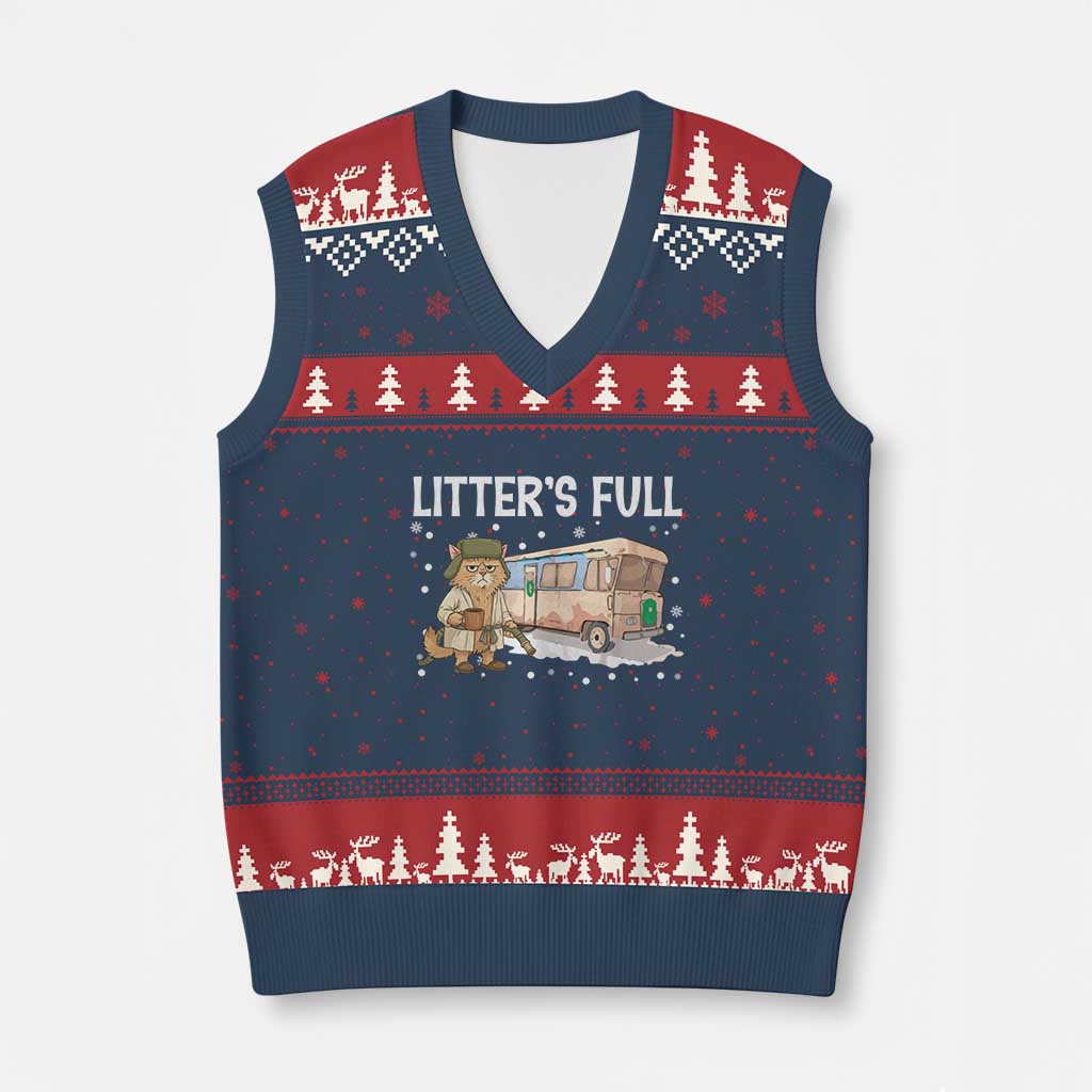 Funny Xmas Vacation Litter's Full Cat V-Neck Knit Sweater Vest Xmas Movie - Wonder Print Shop