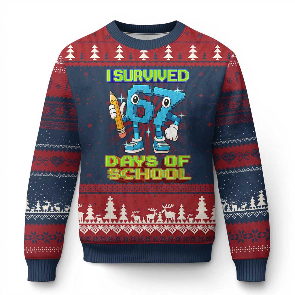 Funny I Survived 67 Days Of School Ugly Christmas Sweater Six Seven Meme Pixel Game Gen Alpha - Wonder Print Shop