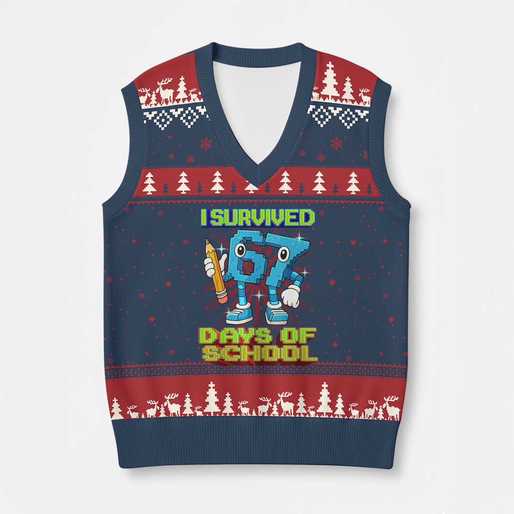 Funny I Survived 67 Days Of School V-Neck Knit Sweater Vest Six Seven Meme Pixel Game Gen Alpha - Wonder Print Shop