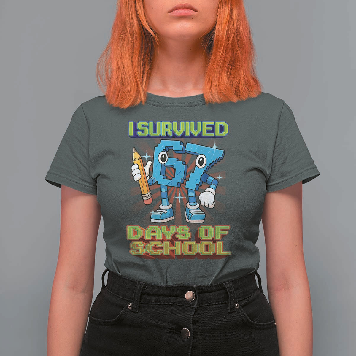 Funny I Survived 67 Days Of School T Shirt For Women Six Seven Meme Pixel Game Gen Alpha - Wonder Print Shop