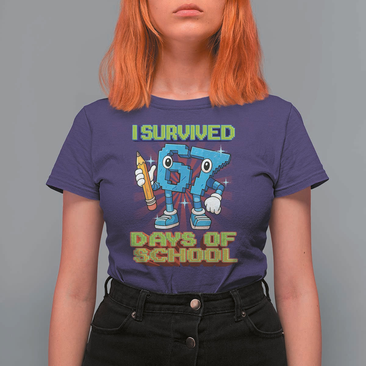 Funny I Survived 67 Days Of School T Shirt For Women Six Seven Meme Pixel Game Gen Alpha - Wonder Print Shop