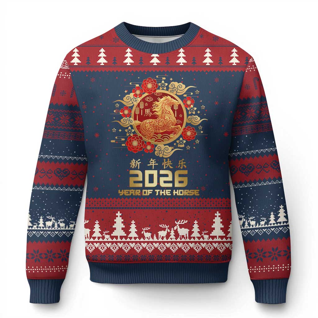 Chinese New Year 2026 Year of The Horse Ugly Christmas Sweater Golden Zodiac Horse - Wonder Print Shop
