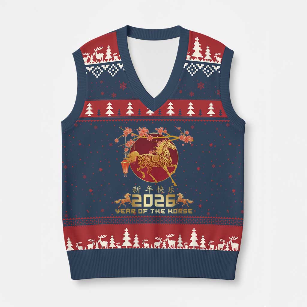 Chinese New Year 2026 Year of The Horse V-Neck Knit Sweater Vest Cherry Blossom - Wonder Print Shop