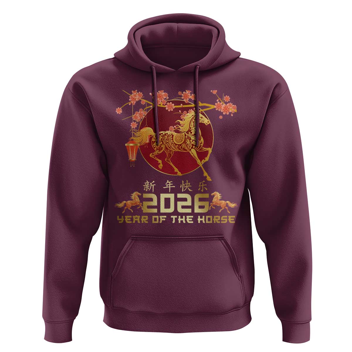 Chinese New Year 2026 Year of The Horse Hoodie Cherry Blossom - Wonder Print Shop