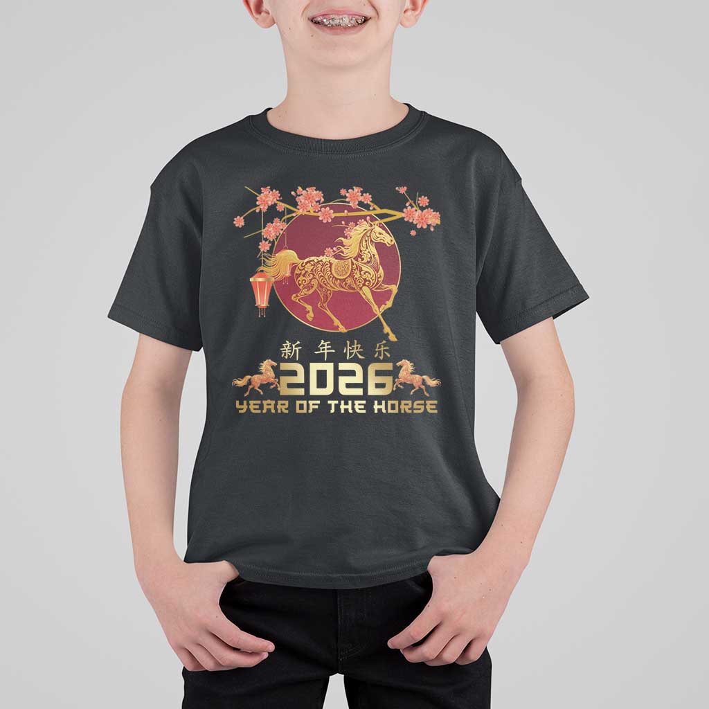 Chinese New Year 2026 Year of The Horse T Shirt For Kid Cherry Blossom - Wonder Print Shop