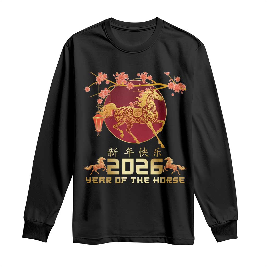 Chinese New Year 2026 Year of The Horse Long Sleeve Shirt Cherry Blossom - Wonder Print Shop