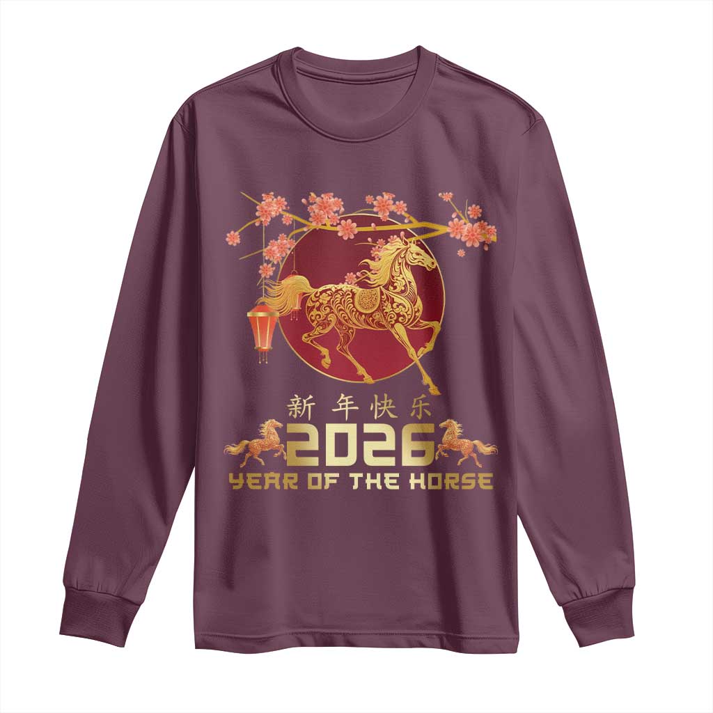 Chinese New Year 2026 Year of The Horse Long Sleeve Shirt Cherry Blossom - Wonder Print Shop