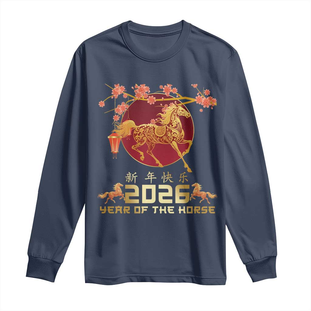 Chinese New Year 2026 Year of The Horse Long Sleeve Shirt Cherry Blossom - Wonder Print Shop