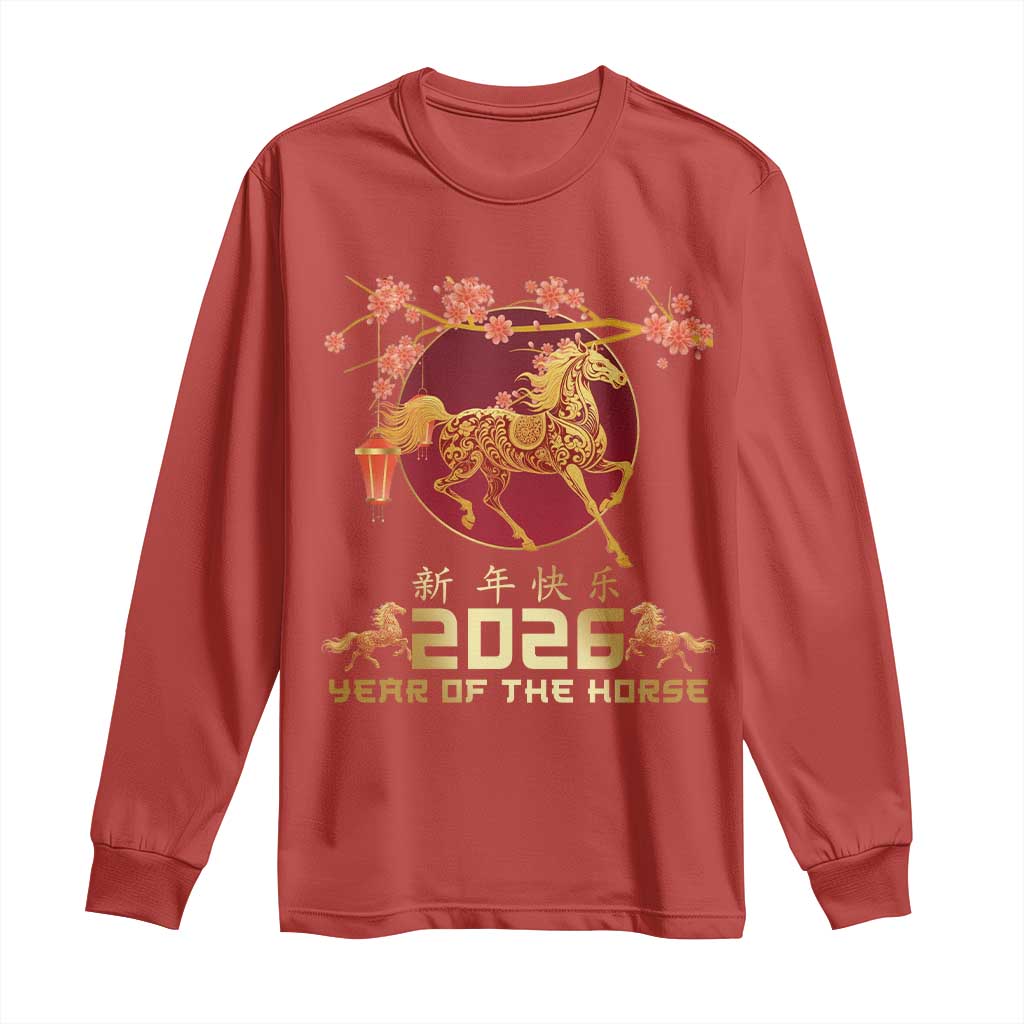 Chinese New Year 2026 Year of The Horse Long Sleeve Shirt Cherry Blossom - Wonder Print Shop