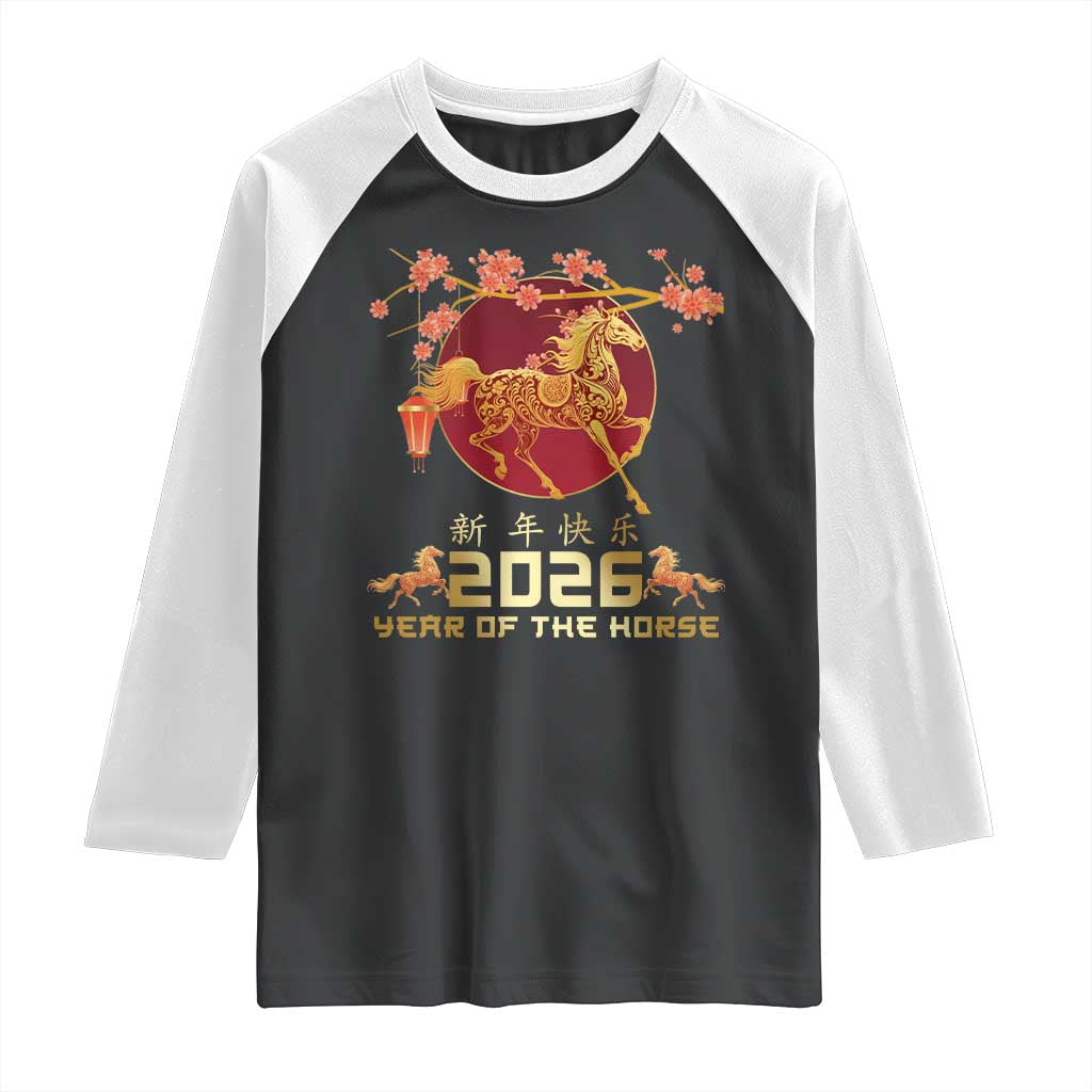 Chinese New Year 2026 Year of The Horse Raglan Shirt Cherry Blossom - Wonder Print Shop